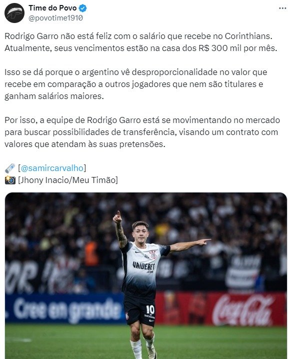 Rodrigo Garro não está satisfeito com seu salário no Corinthians