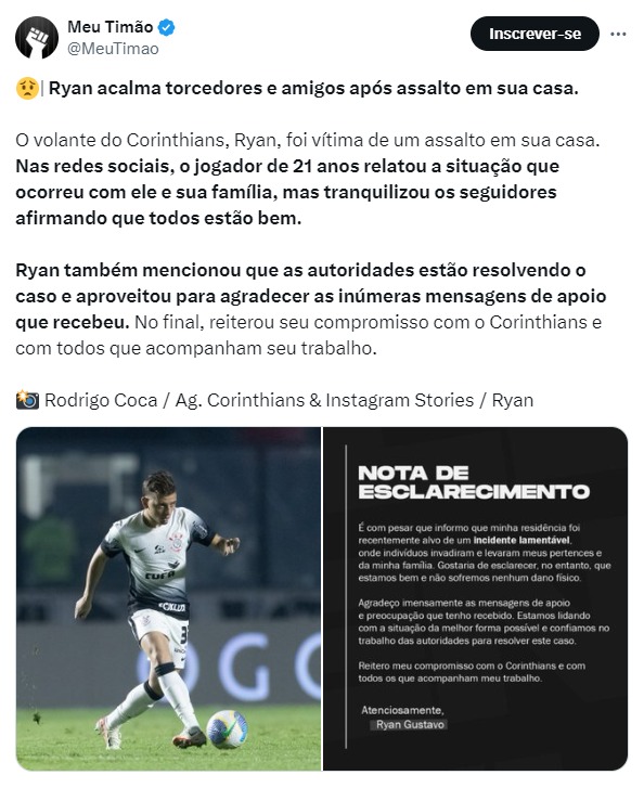 Ryan do Corinthians é vítima de assalto