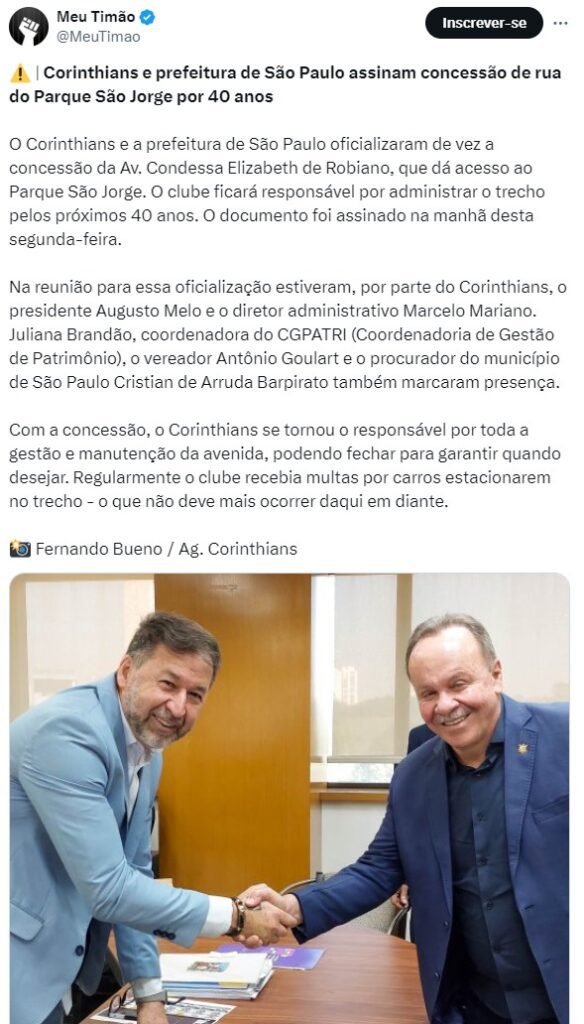 Corinthians e Prefeitura de São Paulo assinam concessão