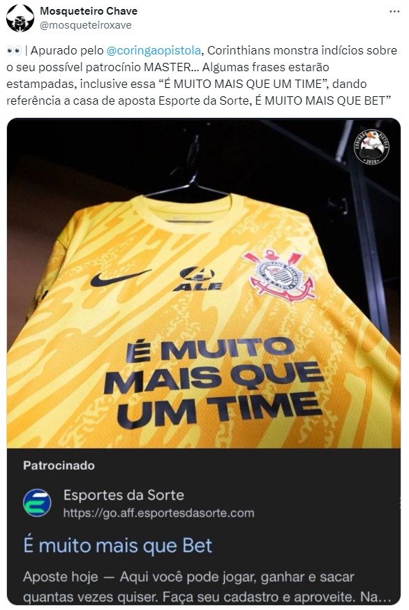 Corinthians deve fechar com patrocinador Esportes da Sorte