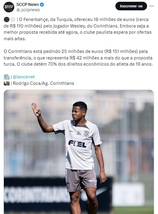 Corinthians negocia Wesley com o Fernerbahçe