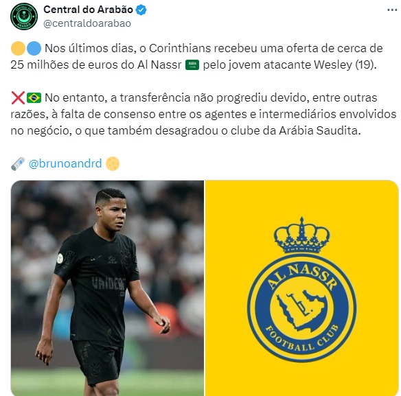 Al-Nassr tenta negociação com o Corinthians por Wesley